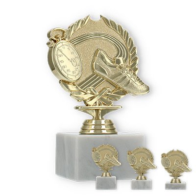 Pokal Kunststofffigur Laufen im Kranz gold auf weißem Marmorsockel