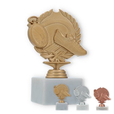 Trophy plastic figure running in wreath on white marble base