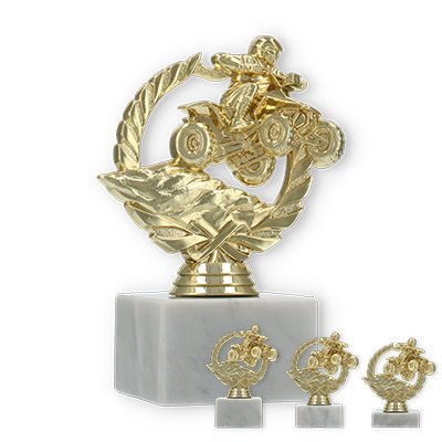 Pokal Kunststofffigur Quad im Kranz gold auf weißem Marmorsockel