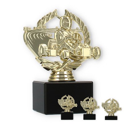 Pokal Kunststofffigur Go-Kart im Kranz gold auf schwarzem Marmorsockel