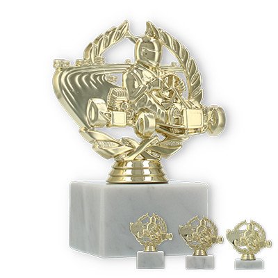 Pokal Kunststofffigur Go-Kart im Kranz gold auf weißem Marmorsockel