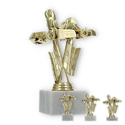 Pokal Kunststofffigur Go-Kartfahrer gold auf weißem Marmorsockel