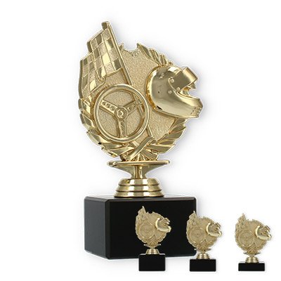Pokal Kunststofffigur Rennsport gold auf schwarzem Marmorsockel