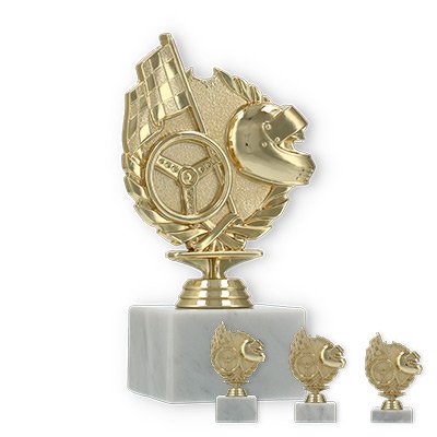 Pokal Kunststofffigur Rennsport gold auf weißem Marmorsockel