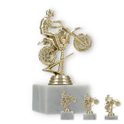 Pokal Kunststofffigur Motorrad gold auf weißem Marmorsockel