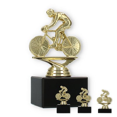 Pokal Kunststofffigur Rennradfahren gold auf schwarzem Marmorsockel