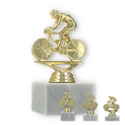 Pokal Kunststofffigur Rennradfahren gold auf weißem Marmorsockel