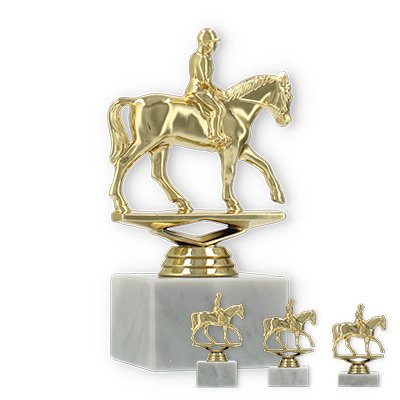 Pokal Kunststofffigur Reiter gold auf weißem Marmorsockel