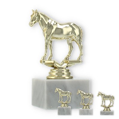 Pokal Kunststofffigur Quarter Horse gold auf weißem Marmorsockel