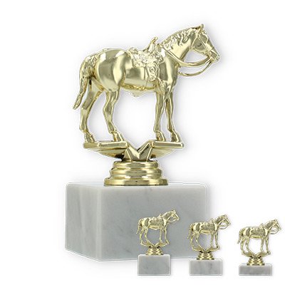 Pokal Kunststofffigur Westernreiten gold auf weißem Marmorsockel