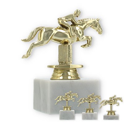 Pokal Kunststofffigur Springreiten gold auf weißem Marmorsockel
