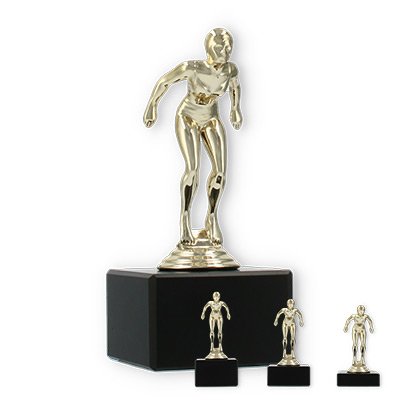 Pokal Kunststofffigur Schwimmerin gold auf schwarzem Marmorsockel
