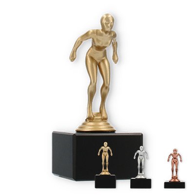 Pokal Kunststofffigur Schwimmerin auf schwarzem Marmorsockel