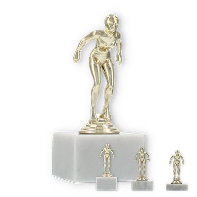Pokal Kunststofffigur Schwimmerin gold auf weißem Marmorsockel