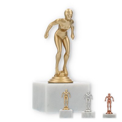 Pokal Kunststofffigur Schwimmerin auf weißem Marmorsockel