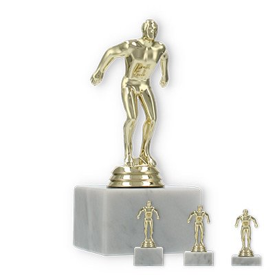 Pokal Kunststofffigur Schwimmer gold auf weißem Marmorsockel
