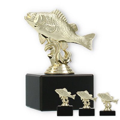 Trophy plastic figure river perch gold on black marble base
