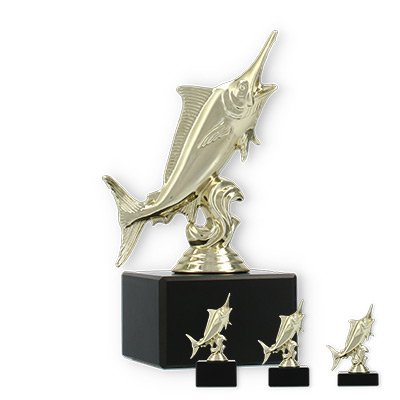 Pokal Kunststofffigur Marlin gold auf schwarzem Marmorsockel