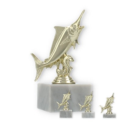Pokal Kunststofffigur Marlin gold auf weißem Marmorsockel