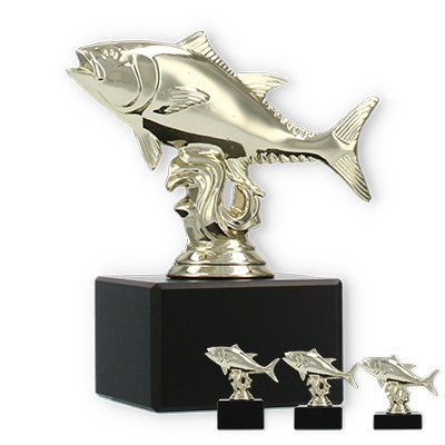 Trofeo figura de plástico atún dorado sobre base de mármol negro