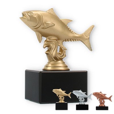Pokal Kunststofffigur Thunfisch auf schwarzem Marmorsockel