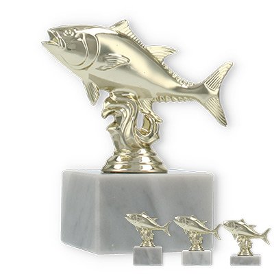 Trofeo figura de plástico atún dorado sobre base de mármol blanco