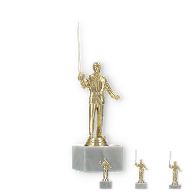 Pokal Kunststofffigur Baitcaster gold auf weißem Marmorsockel