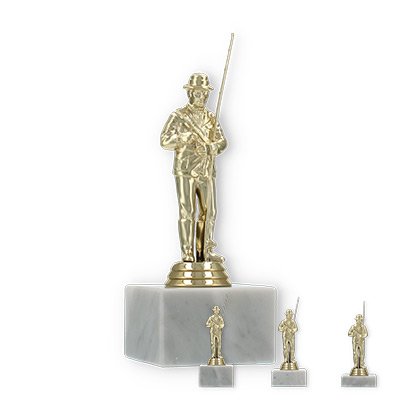 Pokal Kunststofffigur Angler gold auf weißem Marmorsockel
