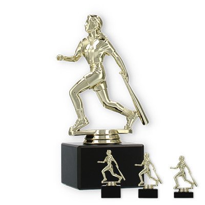 Trophy plastic figure baseball player female gold on black marble base