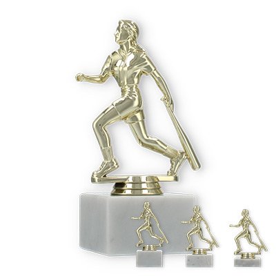 Pokal Kunststofffigur Baseballspielerin gold auf weißem Marmorsockel