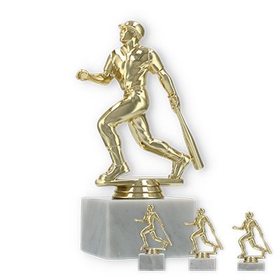 Pokal Kunststofffigur Baseballspieler gold auf weißem Marmorsockel