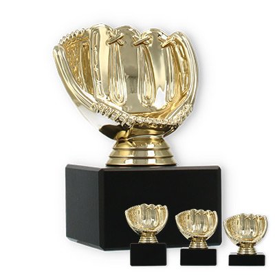 Pokal Kunststofffigur Baseballhandschuh gold auf schwarzem Marmorsockel