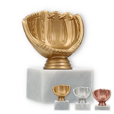 Pokal Kunststofffigur Baseballhandschuh auf weißem Marmorsockel
