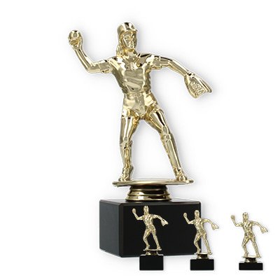 Pokal Kunststofffigur Softballspielerin gold auf schwarzem Marmorsockel