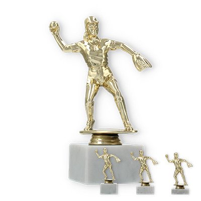 Pokal Kunststofffigur Softballspielerin gold auf weißem Marmorsockel