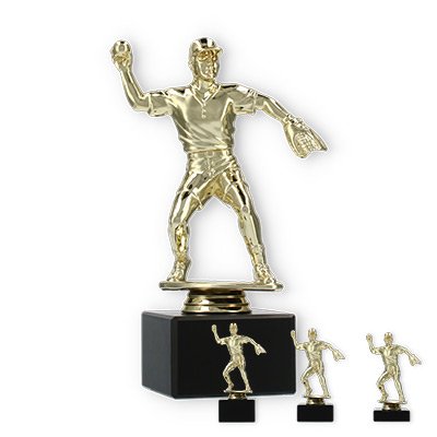 Pokal Kunststofffigur Softballspieler gold auf schwarzem Marmorsockel