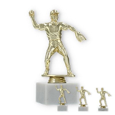 Trofeo figura de plástico jugador de softball dorado sobre base de mármol blanco