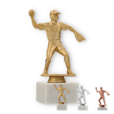 Trofeo figura de plástico jugador de softball sobre base de mármol blanco