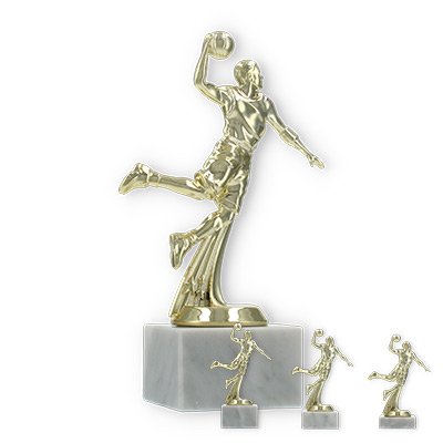 Pokal Kunststofffigur Basketballspieler gold auf weißem Marmorsockel