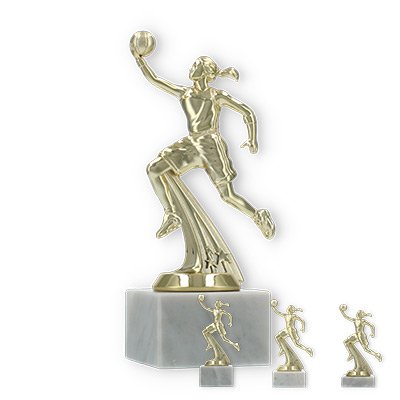 Pokal Kunststofffigur Basketballspielerin gold auf weißem Marmorsockel