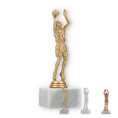Pokal Kunststofffigur Basketballer auf weißem Marmorsockel