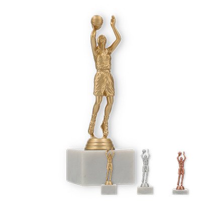 Trofeo figura de plástico jugadora de baloncesto sobre base de mármol blanco