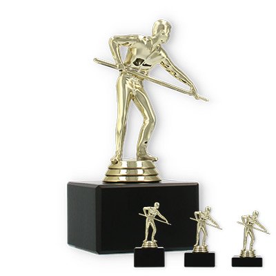 Pokal Kunststofffigur Billardspieler gold auf schwarzem Marmorsockel