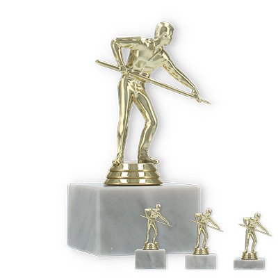 Pokal Kunststofffigur Billardspieler gold auf weißem Marmorsockel