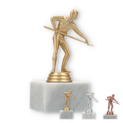 Pokal Kunststofffigur Billardspieler auf weißem Marmorsockel