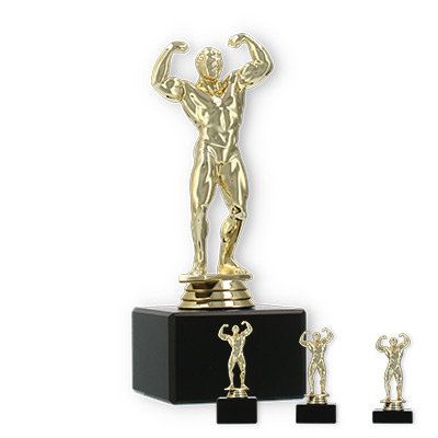Pokal Kunststofffigur Bodybuilder gold auf schwarzem Marmorsockel
