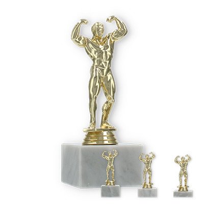 Pokal Kunststofffigur Bodybuilder gold auf weißem Marmorsockel