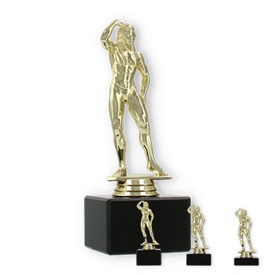 Trophy plastic figure bodybuilder female gold on black marble base