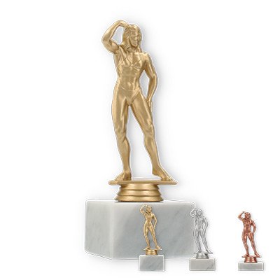 Trophy plastic figure bodybuilder on white marble base