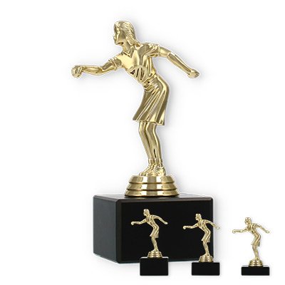 Trophy plastic figure petanque ladies gold on black marble base